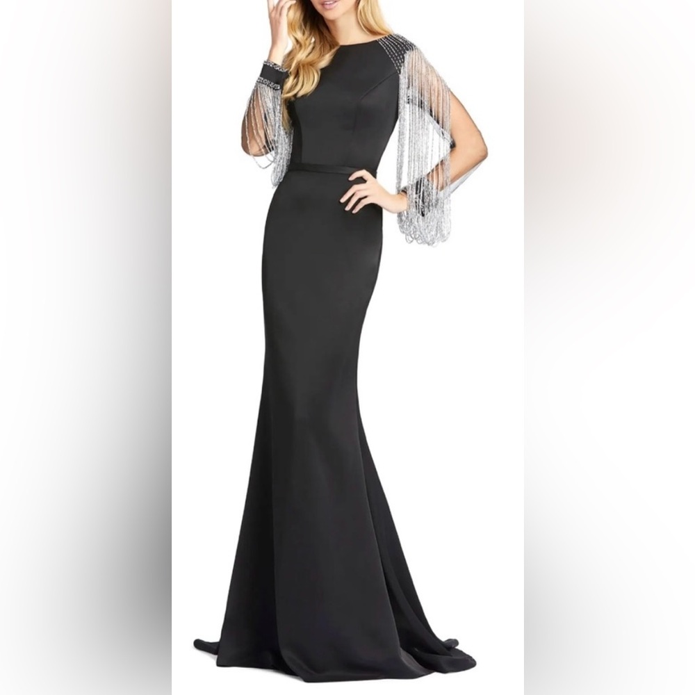 Mac Duggal Black Dress with Beaded Mesh Sleeves